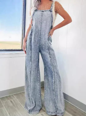 Blue Light Wash Frayed Wide Leg Denim Overalls (One)