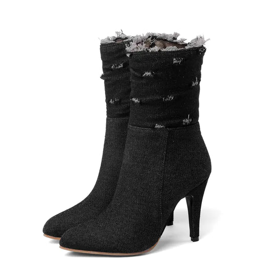 Elegant pointed toe high heel ripped denim ankle boots for women, stylish and trendy footwear option