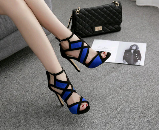 Colorful women's peep-toe high heels sandals with cross strap design and hollow buckle