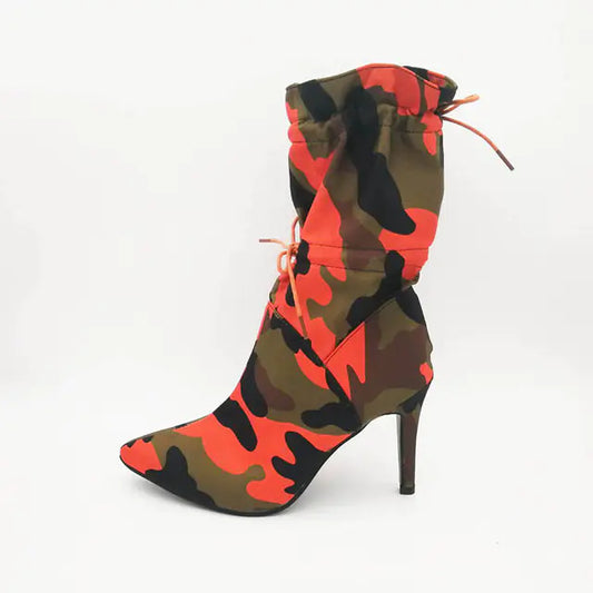 Elegant beige pointed toe mid-tube high heel boots with stitching details