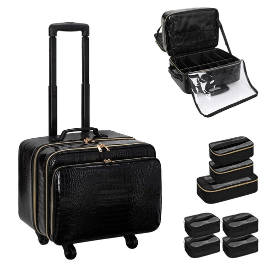 OCHEAL Rolling Makeup Train Casewith 7 Pcs Clear Makeup Bags 18" Carry On Travel Cosmetic Organizer SuitcaseExtra Large Storage Trolley Makeup Case On Wheels for Hairstylist Cosmetology Artist