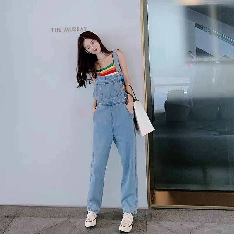 Chic Fall Wide-Leg Denim Overalls & Rainbow Sweater Set
