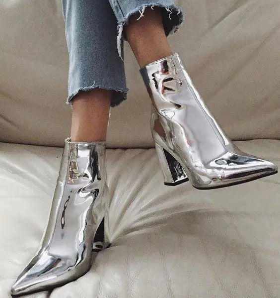 Shiny leather chunky heel pointed toe ankle boots stylish and fashionable footwear for women