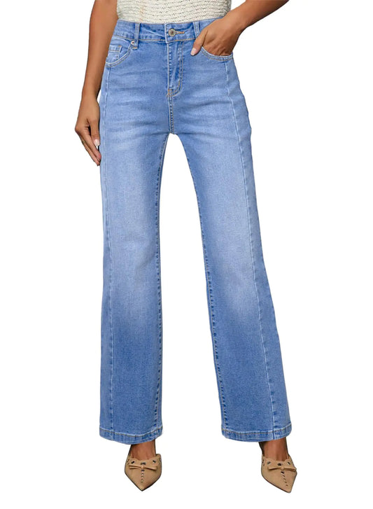 High-waisted light blue stretchy bootcut jeans with straight leg design and welt pockets