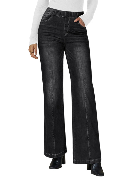 Stylish black high waisted wide leg jeans for women with stretch fabric and five pockets