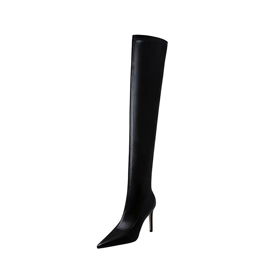Side view of stylish over-the-knee boots with a comfortable cotton lining and stiletto heels