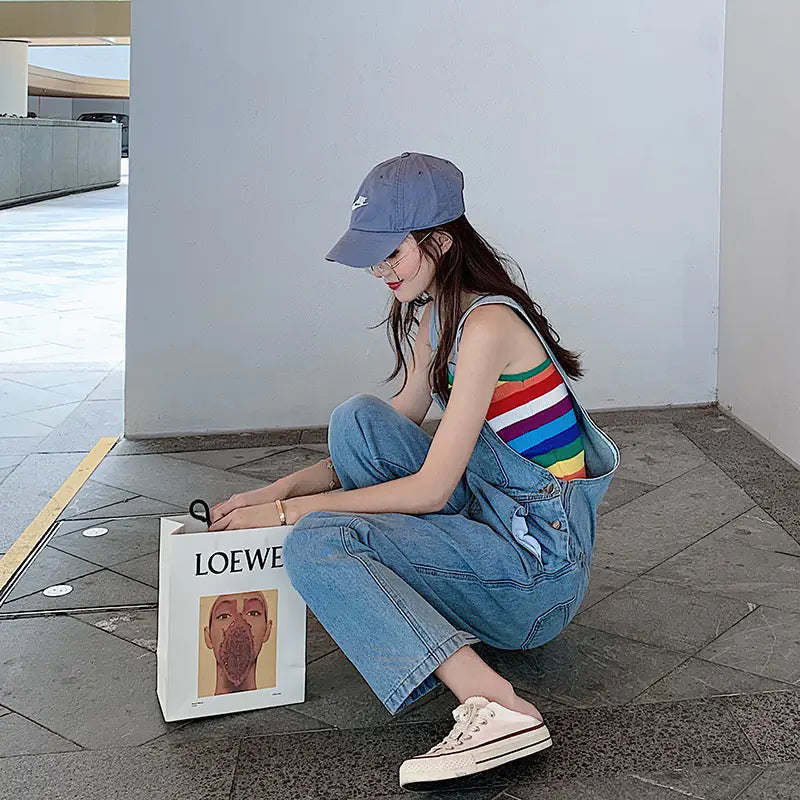 Chic Fall Wide-Leg Denim Overalls & Rainbow Sweater Set