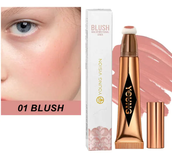 A close-up of the Cushion Glow Blush compact showcasing its soft pink shade and smooth, blendable texture for radiant, natural-looking cheeks