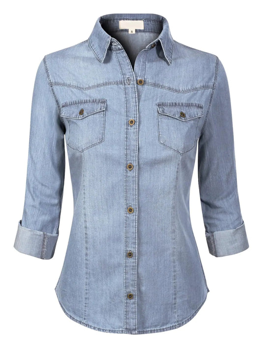 Design by Olivia Womens Roll up Sleeve Button Down Chambray Denim Shirt Denim 2XL