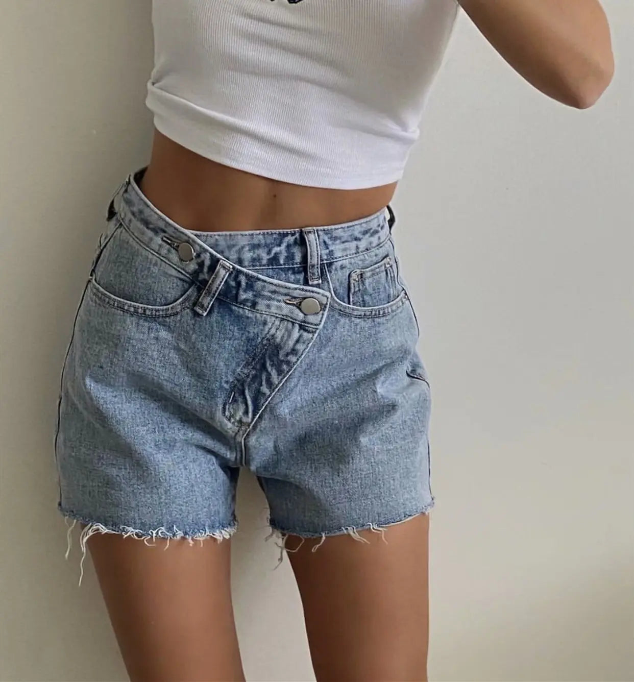 Asymmetrical Slanted Denim Shorts
