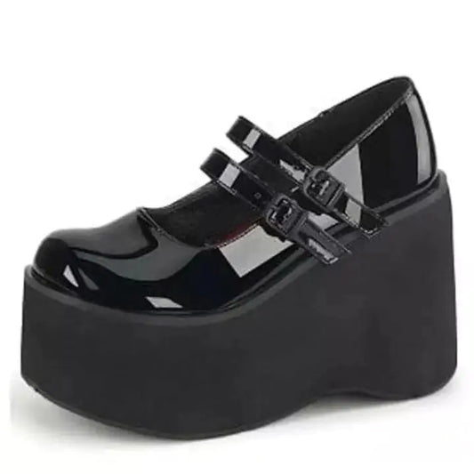 Vintage Patent Leather Round Toe Mary Jane Shoes with Wedge Heel