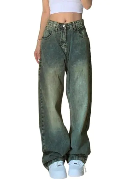Soft breathable denim baggy jeans for women with high waist, wide leg, and 90s retro style, perfect for casual outings and parties