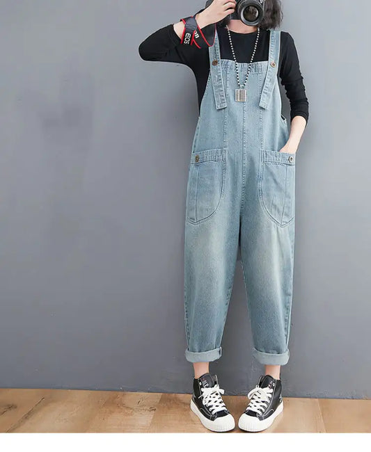 Plus Size Women's Retro Denim Artistic Overalls