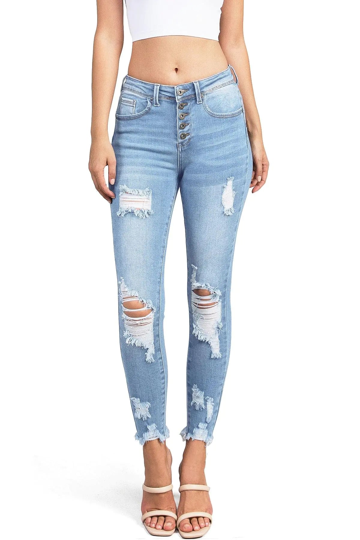 Wax Jean Womens Juniors High Rise Distressed Denim Skinny Jeans (Ripped Light Denim 3)