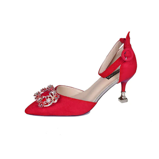 Elegant red bridal pointed toe stiletto heels adorned with sparkling rhinestones for special occasions