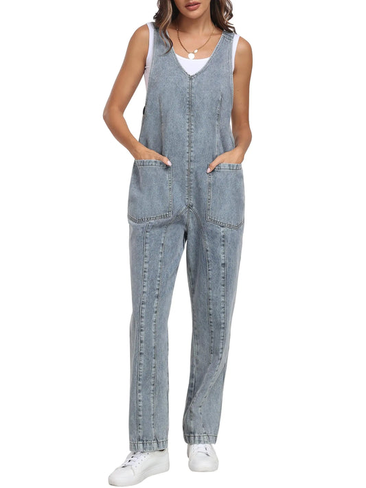 ANRABESS Women Denim Overalls Sleeveless V Neck Casual Jean Pants Jumpsuits Loose Baggy Jumper Fall Outfits 2024 Grey Blue X-Large