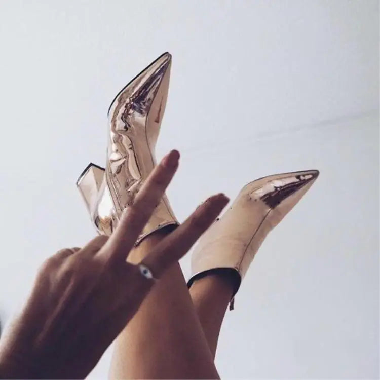 Shiny leather chunky heel pointed toe ankle boots with stylish design and polished finish