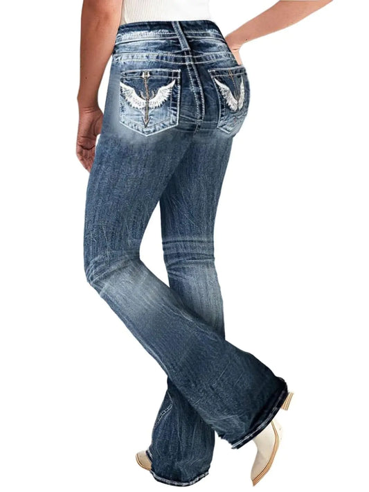Stylish mid blue denim bootcut jeans for women featuring embroidery print and functional pockets