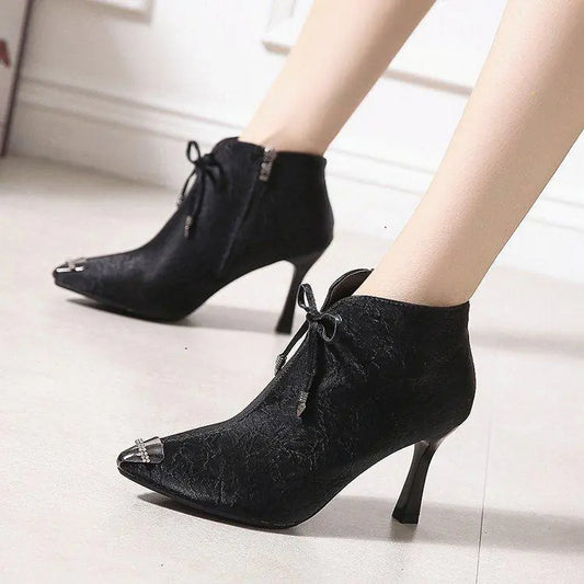 Elegant Korean pointed toe stiletto ankle high heels in classic black color