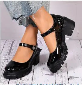 Elegant women's patent Mary Jane heels featuring a shallow mouth, adjustable buckle, round toe, available in black, off white, and wine red, lightweight and versatile for casual or formal occasions