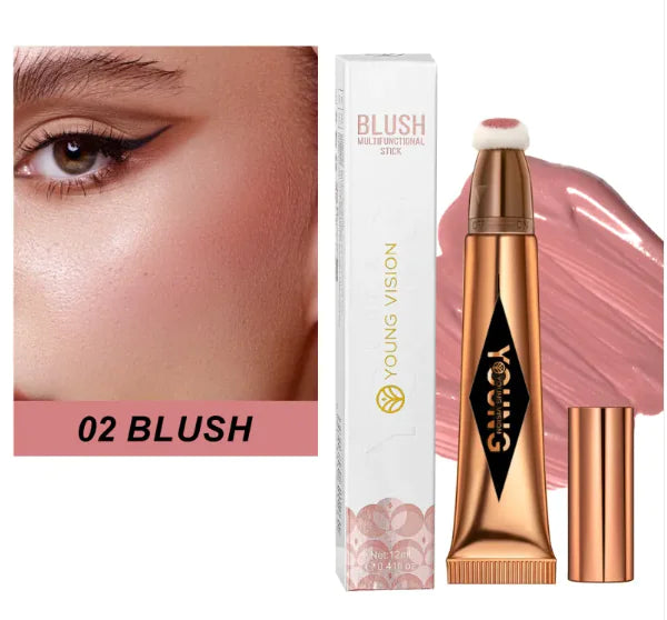 A close-up of Cushion Glow Blush compact with soft pink and peach shades highlighting a radiant, dewy complexion on a model's cheek
