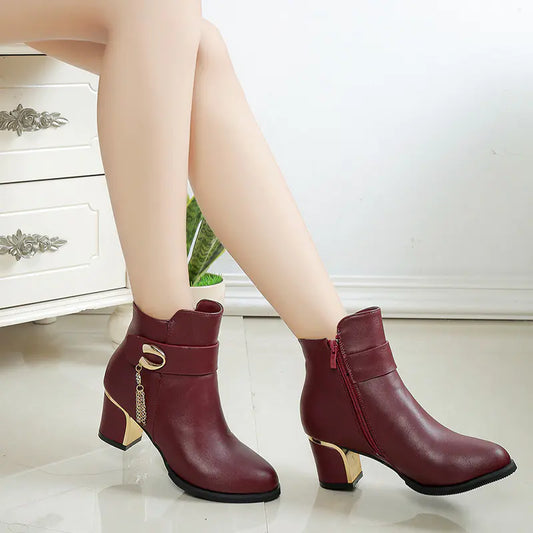 Elegant women's round toe high heel chunky ankle boots featuring stylish design and comfortable fit for fashionable everyday wear