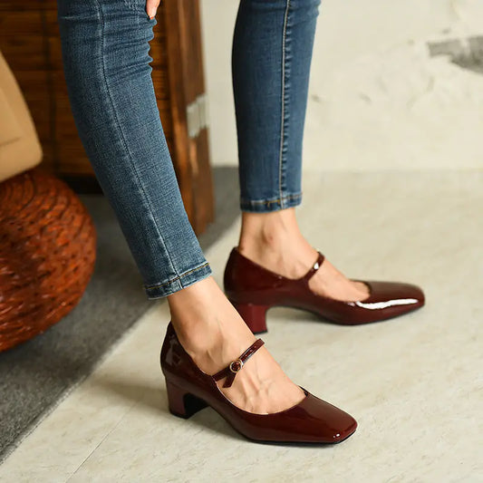 Elegant wine red Mary Jane shoes with a square head and 35cm thick heel