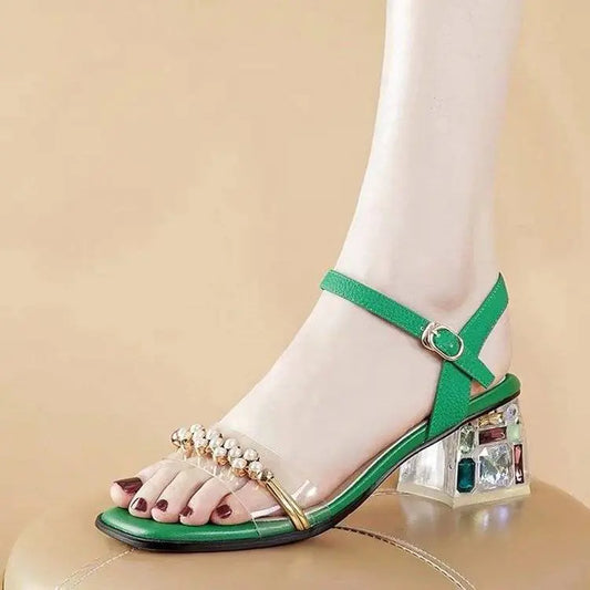 Elegant women's mid heel leather sandals featuring a thick square toe design for stylish comfort and modern fashion appeal