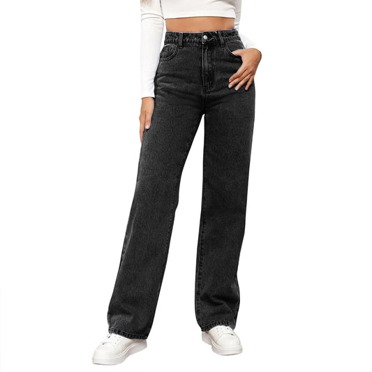 Stylish black high waist stretchy wide leg jeans designed for women with a trendy and comfortable fit